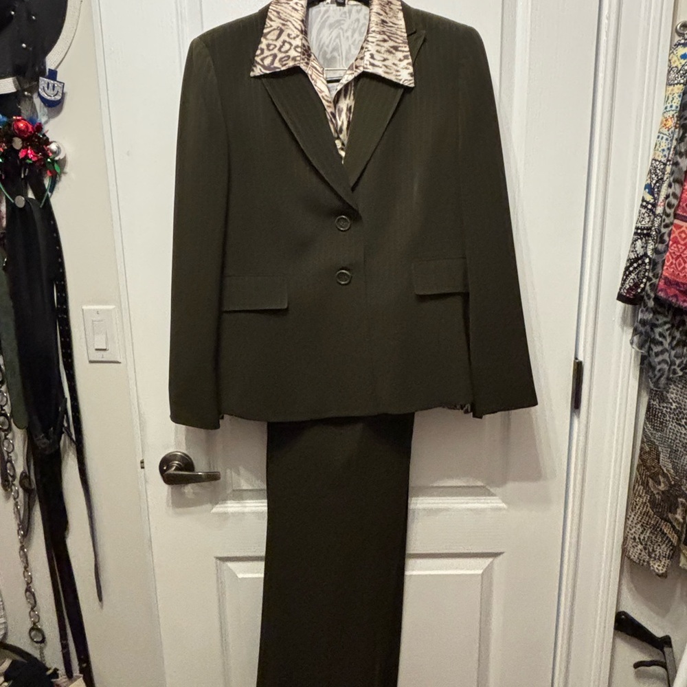 Kasper Green, Pinstripe 3 Piece Pantsuit with Tailored Fit